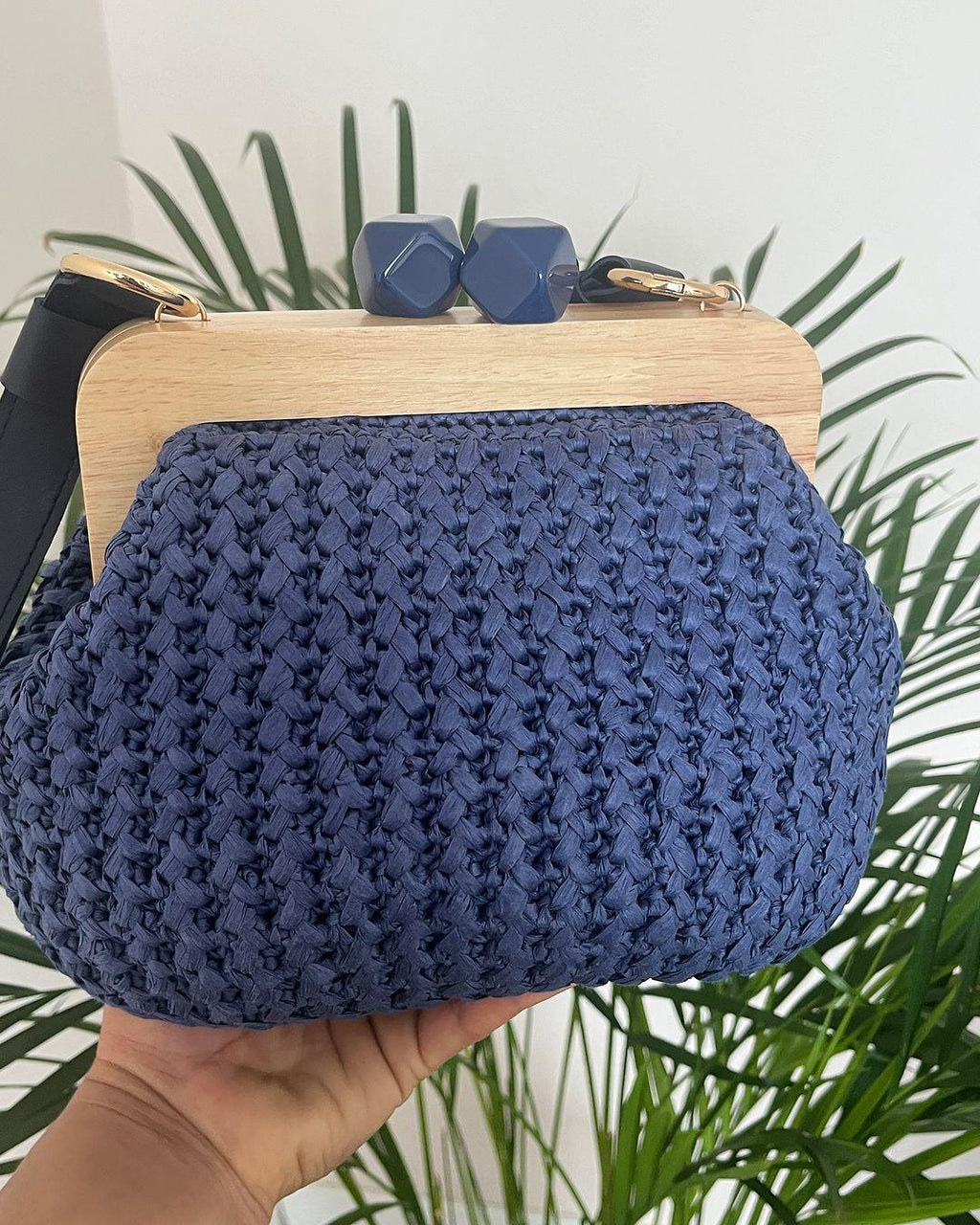 Blue Raffia Kiss Lock Clutch - Handmade Wooden Buckle - THERAFFIAYSL