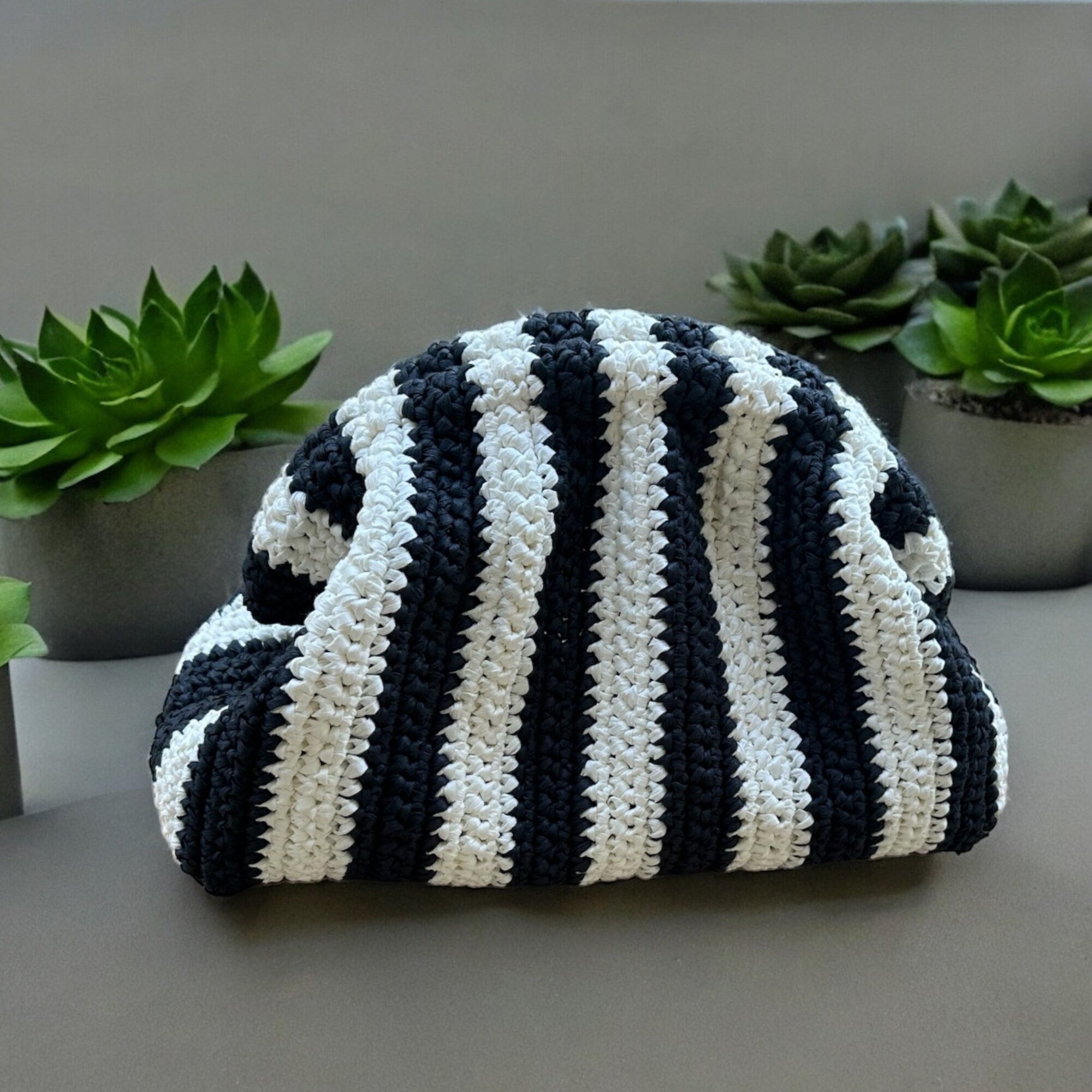 Crochet Raffia Clutch - Striped Evening Party Bag - THERAFFIAYSL