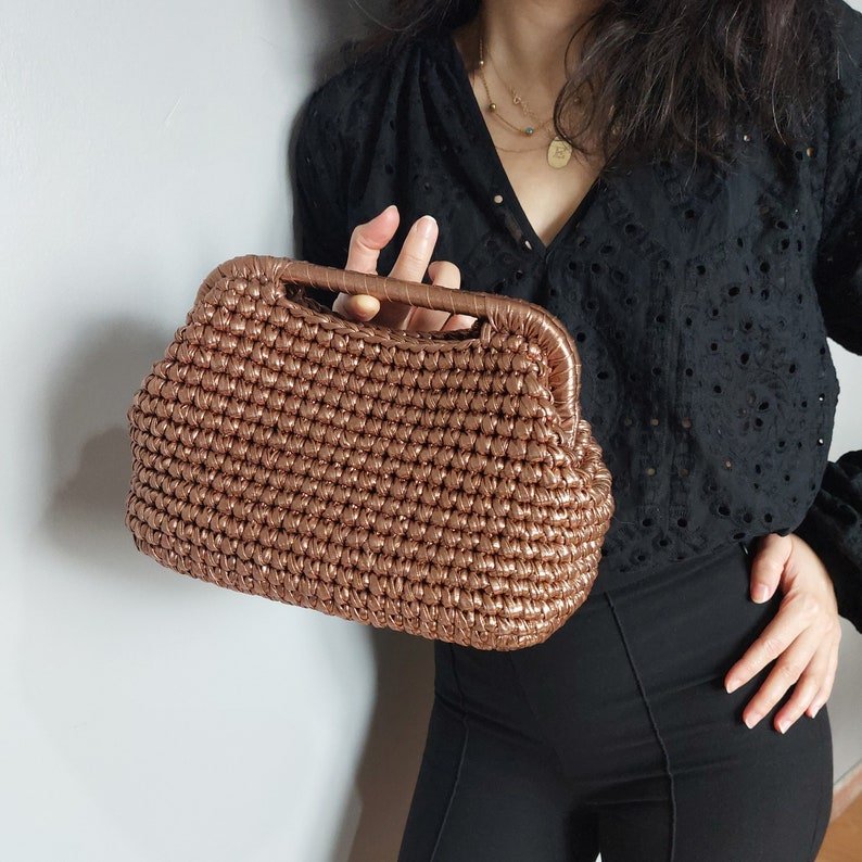 Gold Metallic Woven Clutch Bag, Wedding Evening Bag - THERAFFIAYSL