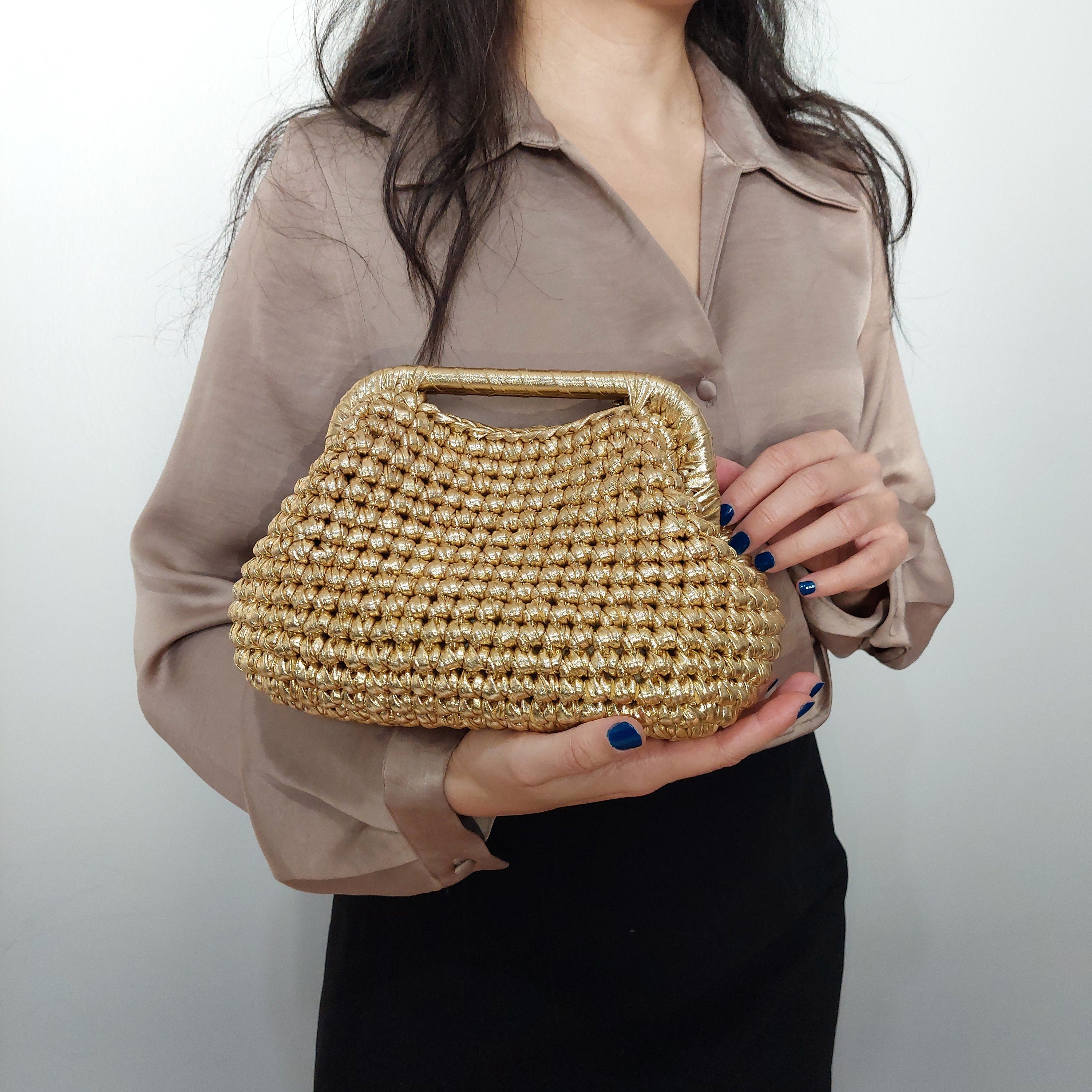 Gold Metallic Woven Clutch Bag, Wedding Evening Bag - THERAFFIAYSL