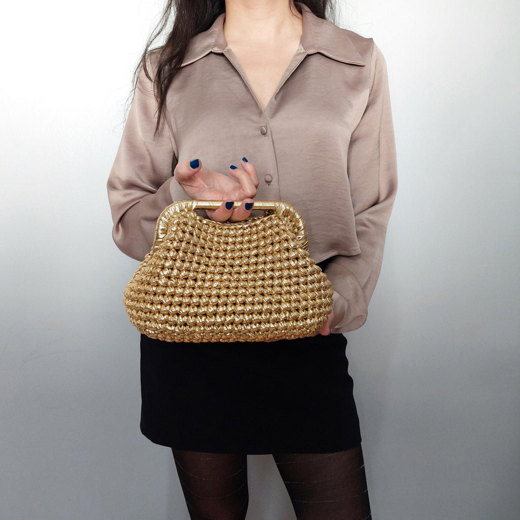 Gold Metallic Woven Clutch Bag, Wedding Evening Bag - THERAFFIAYSL