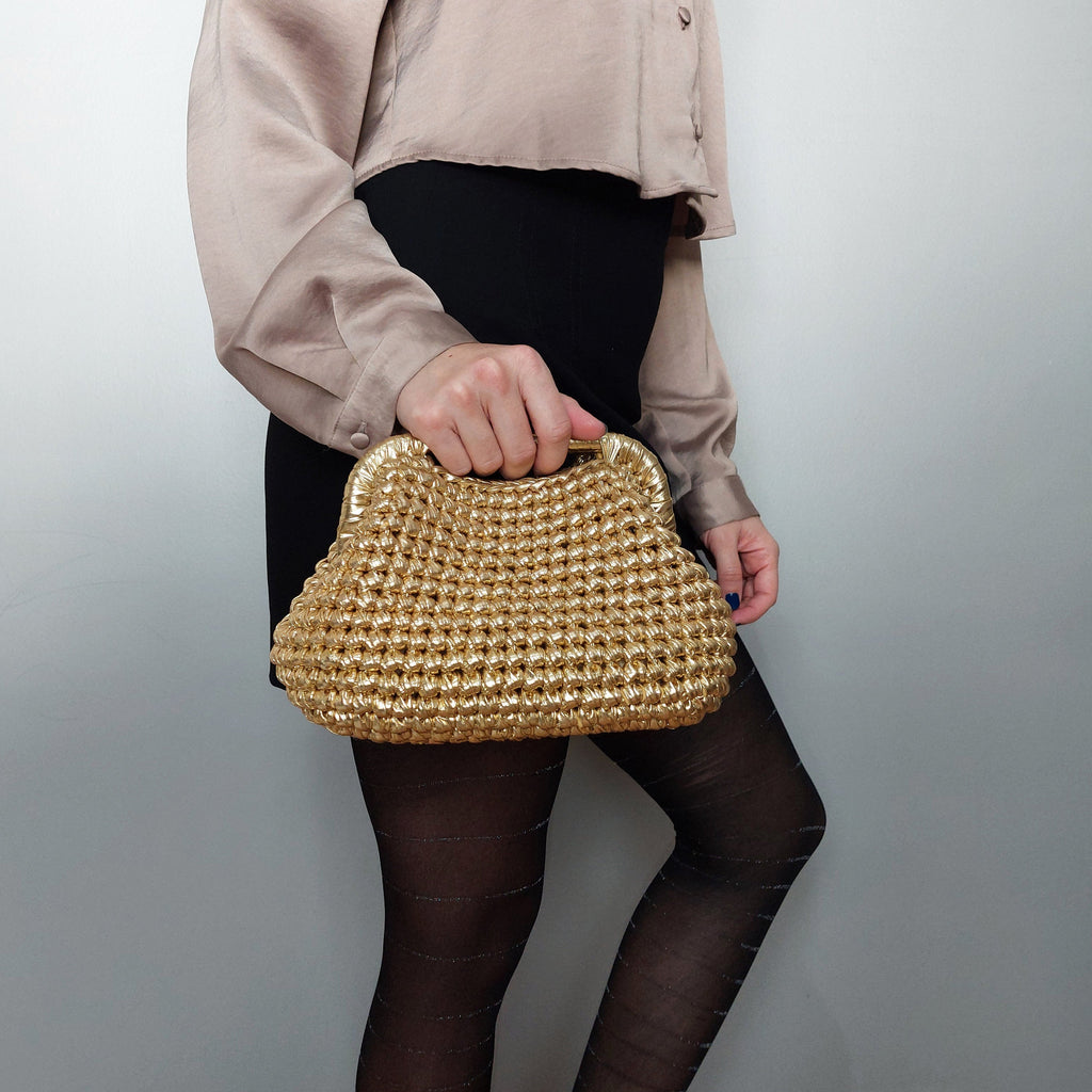 Gold Metallic Woven Clutch Bag, Wedding Evening Bag - THERAFFIAYSL