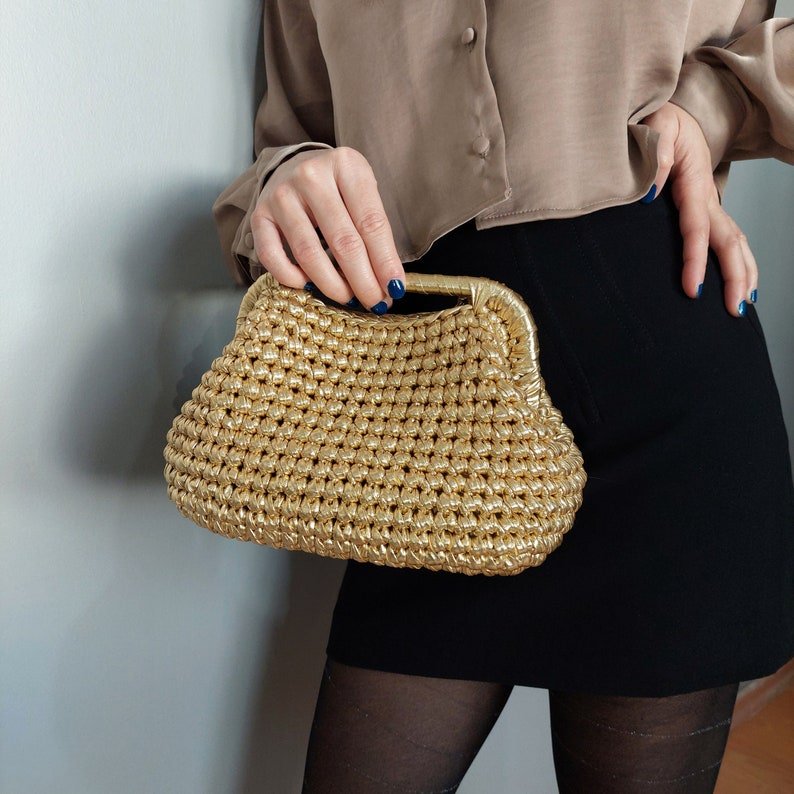Gold Metallic Woven Clutch Bag, Wedding Evening Bag - THERAFFIAYSL
