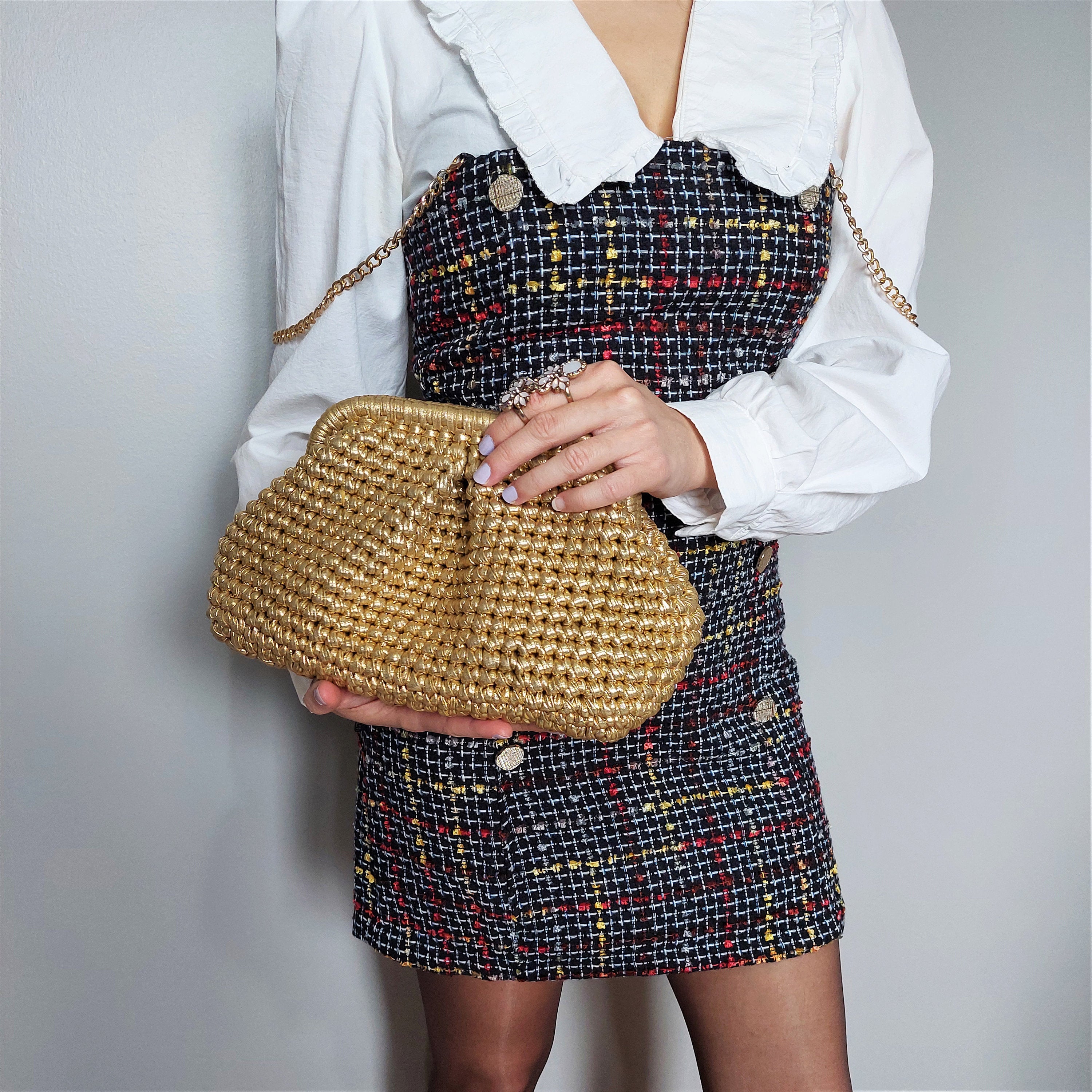 Handmade Gold Woven Crochet Evening Bag Clutch - THERAFFIAYSL