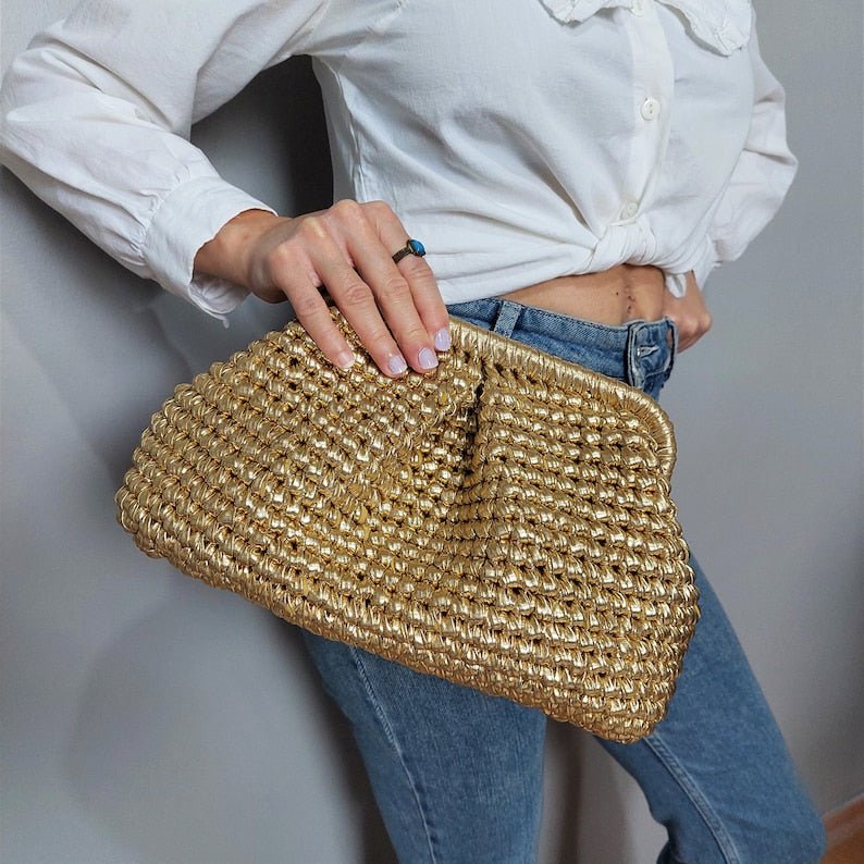 Handmade Gold Woven Crochet Evening Bag Clutch - THERAFFIAYSL