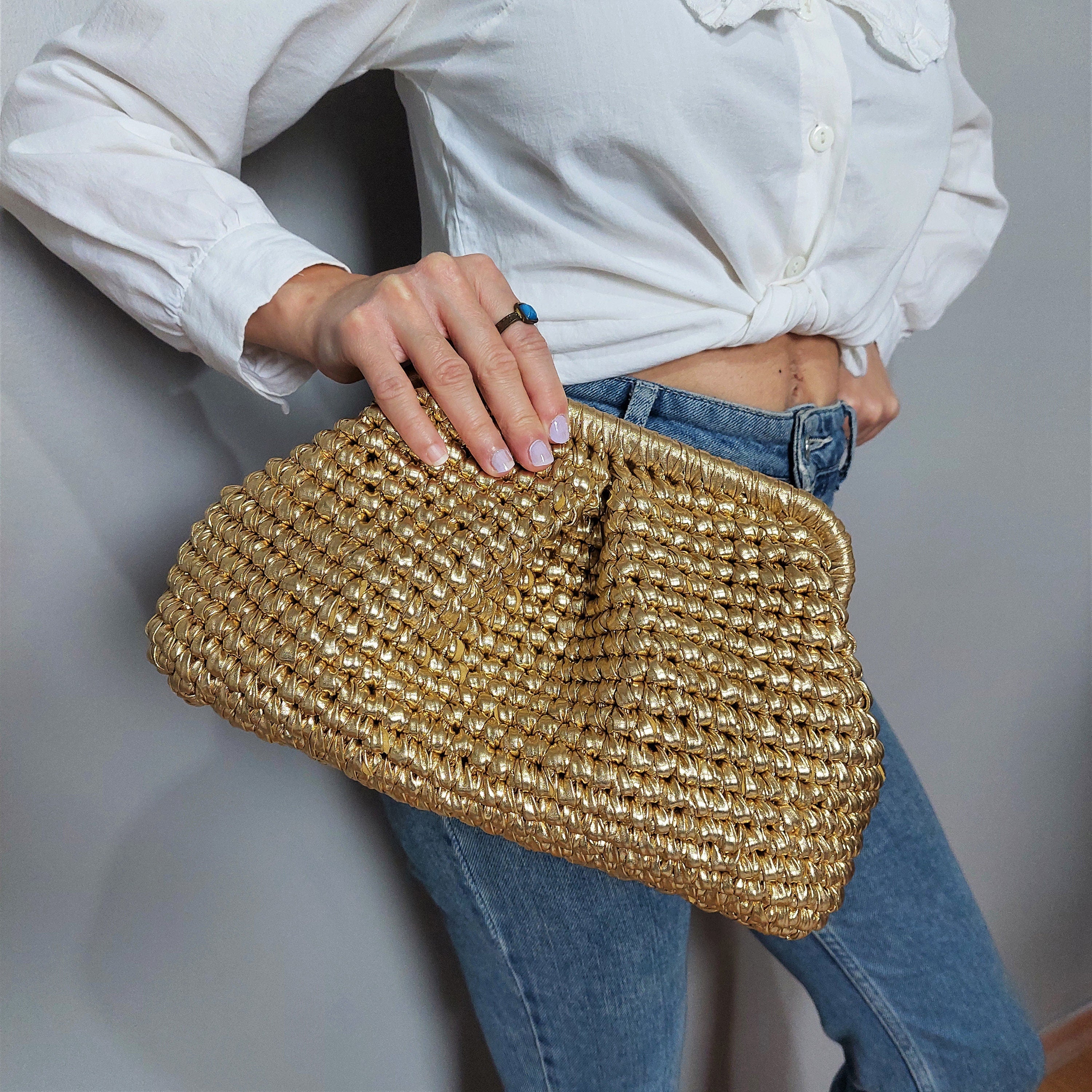 Handmade Gold Woven Crochet Evening Bag Clutch - THERAFFIAYSL