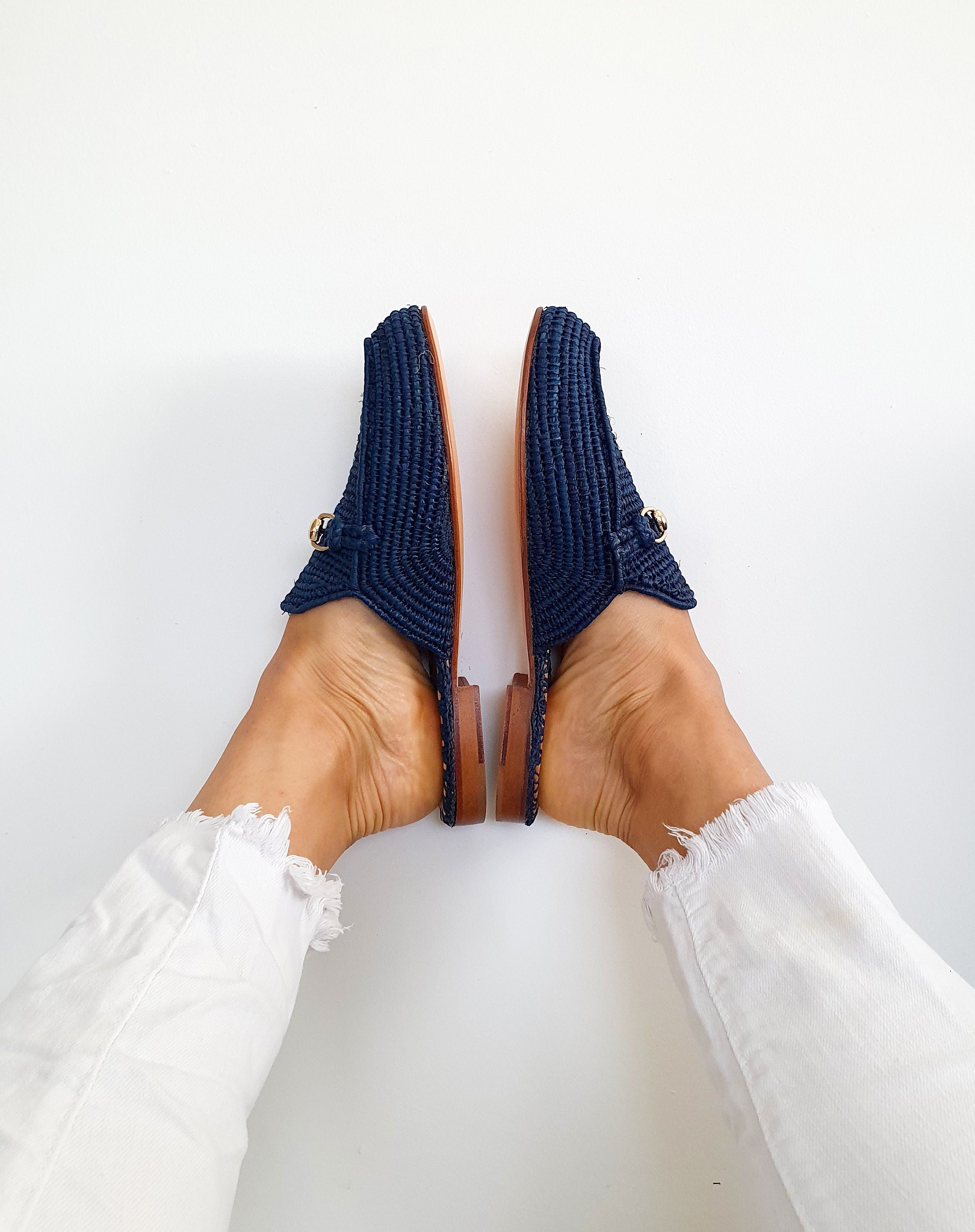 Navy Raffia Mules - Handmade Summer Slippers - THERAFFIAYSL