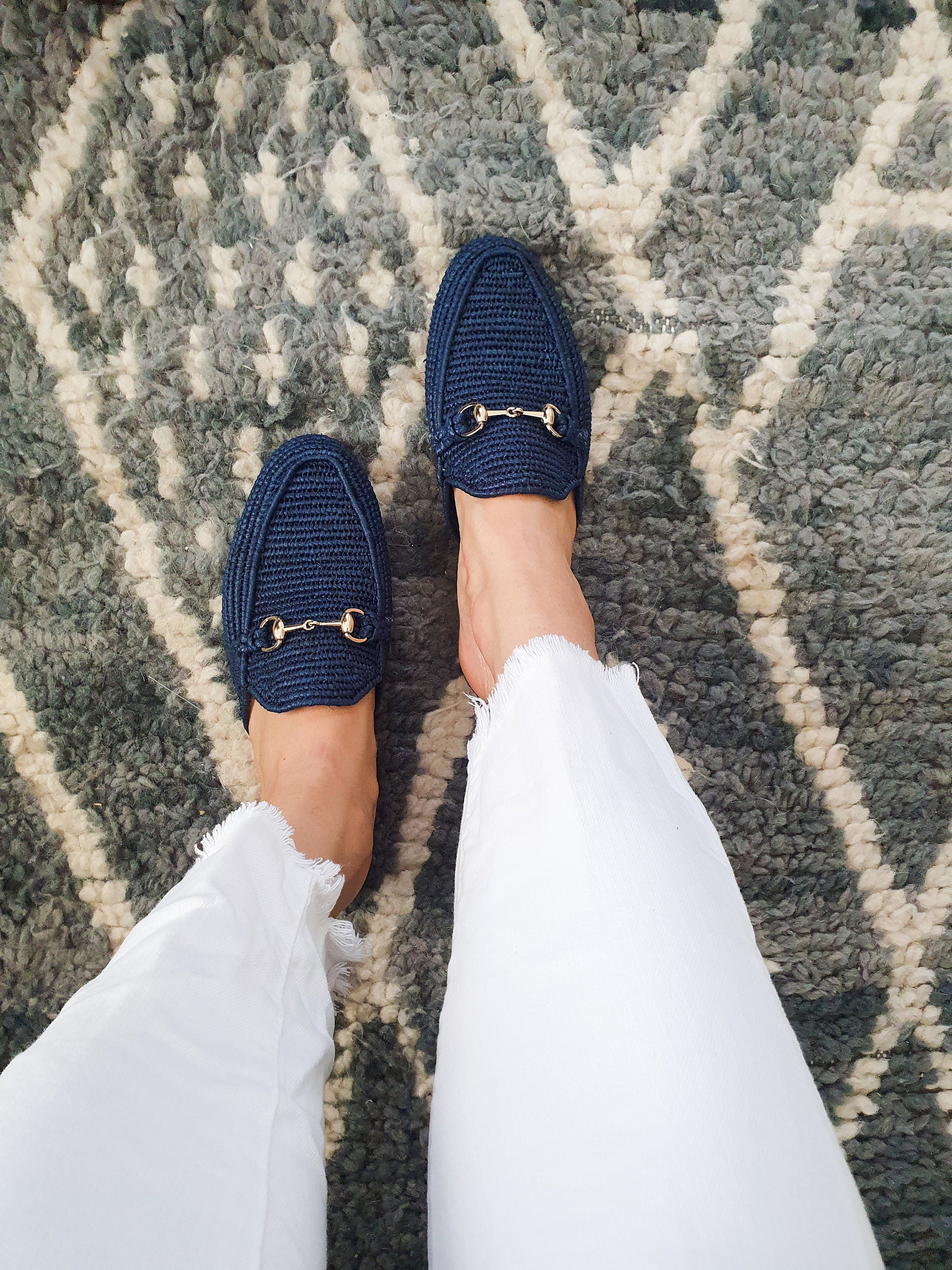 Navy Raffia Mules - Handmade Summer Slippers - THERAFFIAYSL