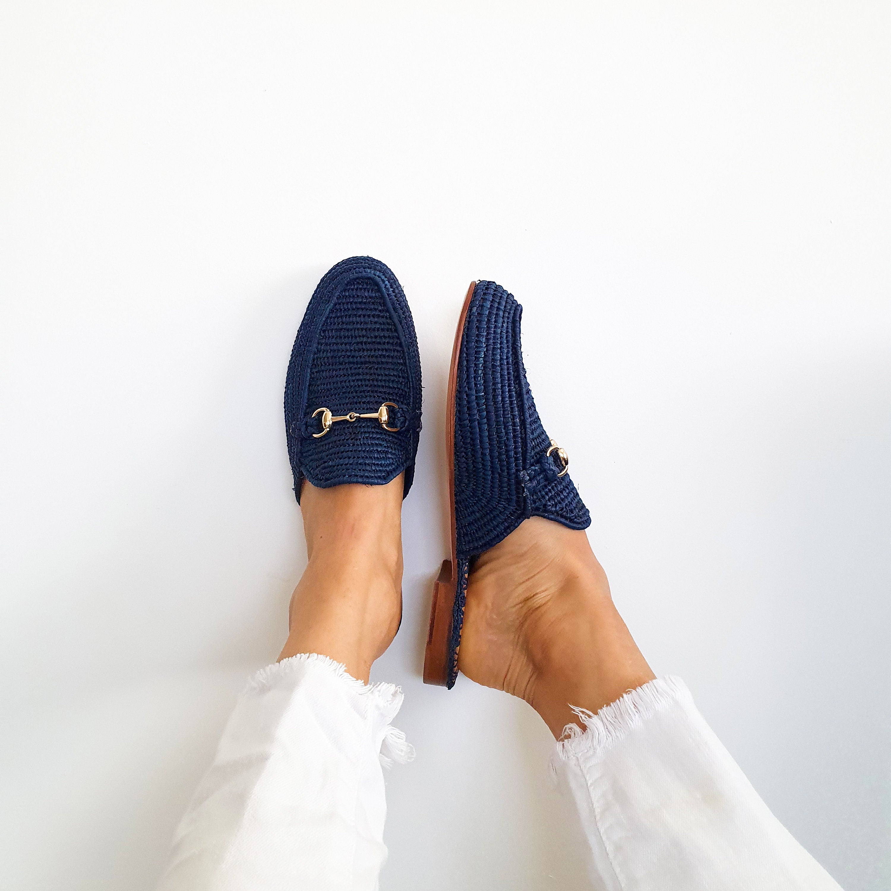 Navy Raffia Mules - Handmade Summer Slippers - THERAFFIAYSL