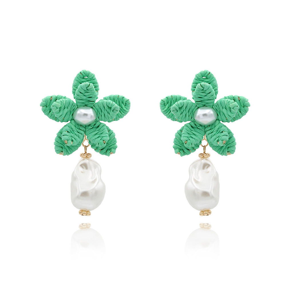 Raffia Flower Pearl Drop Earrings - Summer Dangle Earrings - THERAFFIAYSL