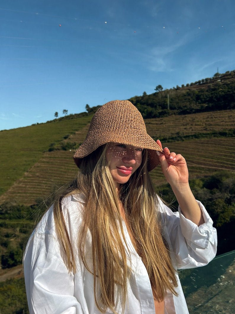 Wide Brim Raffia Sun Hat - Handmade Straw Beach Hat - THERAFFIAYSL